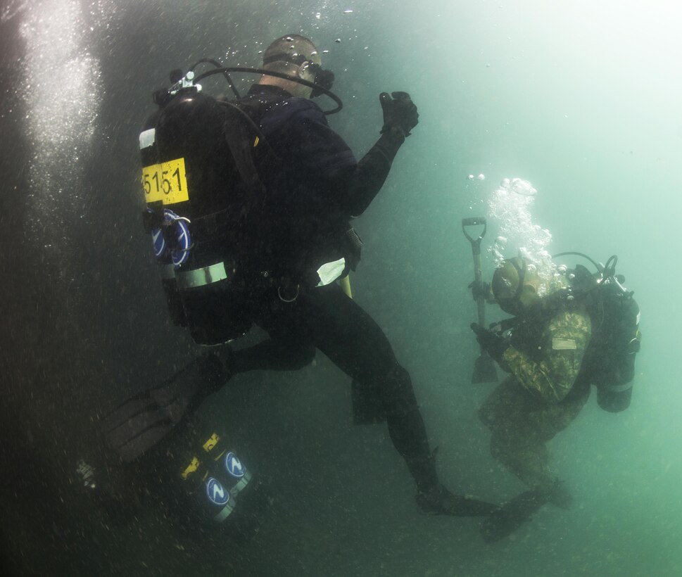 U.S. and Australian divers descend to their work site during pier maintenance training led by Navy Underwater Construction Team 2 as part of Rim of the Pacific 2016 at Joint Base Pearl Harbor-Hickam, Hawaii, July 12, 2016. Navy photo by Petty Officer 1st Class Charles E. White