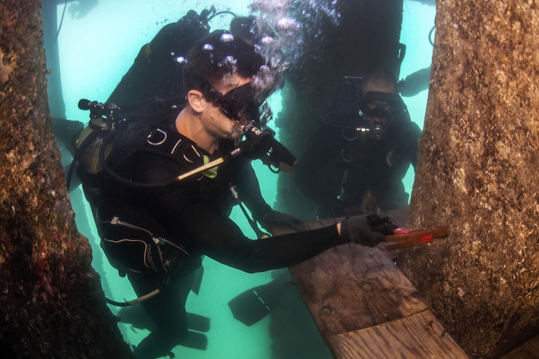 Coast Guard Petty Officer 2nd Class Kendall Smith, right, watches as Australian navy Able Seaman Clearance Diver Brett Hain sounds a pile with a hammer as a structural integrity test during a pier maintenance training mission as part of Rim of the Pacific 2016 at Joint Base Pearl Harbor-Hickam, Hawaii, July 12, 2016. Smith is a diver. Navy photo by Petty Officer 1st Class Charles E. White 