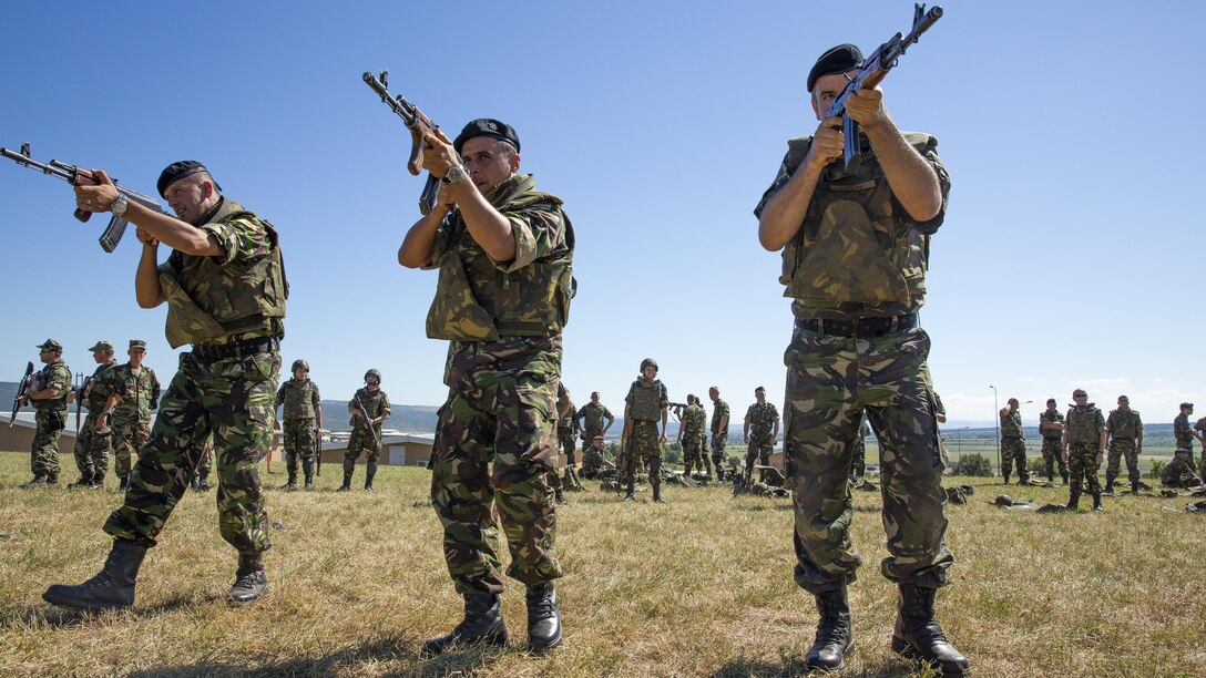 Romanian Marines scan, search and assess for threats after executing a speed reload drill during Exercise Platinum Lion 16-4 at Novo Selo Training Area, Bulgaria, July 12, 2016. This multi-national exercise brings together eight NATO and partner nations for a live-fire exercise aimed to strengthen regional defense in Eastern Europe.