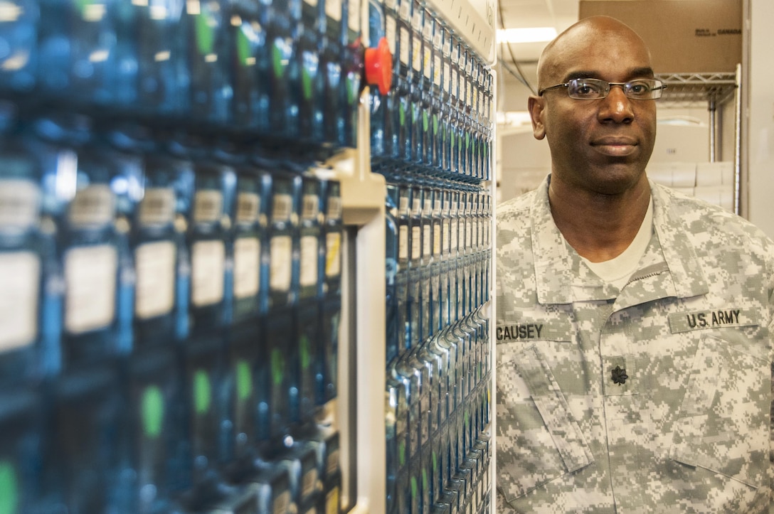 Then-Lt. Col. Stacey Causey, chief of pharmacy at the William Beaumont Army Medical Center on Fort Bliss, Texas, is pictured at work, June 15, 2016. With a recent promotion, Causey is now one of 12 colonels in the Army who are pharmacists. Army photo by Marcy Sanchez