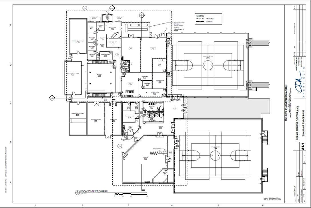 Blueprints for renovations to the 20th Force Support Squadron Shaw Fitness and Health Center. The renovations, which will include new basketball and racquetball courts, an aerobics room, and a parent-child area, are expected to be completed in August 2017. (Courtesy graphic)