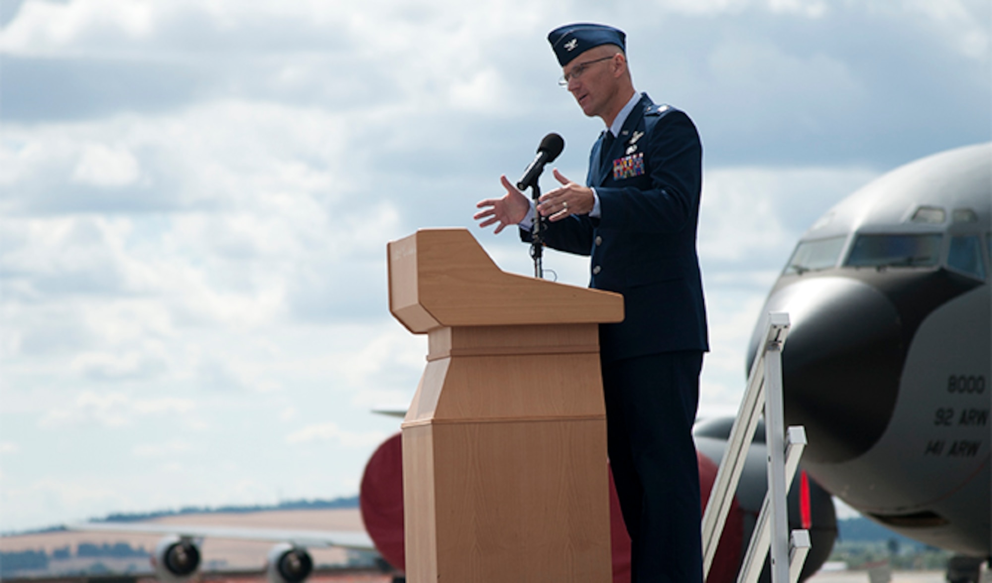 Col. Ryan Samuelson, 92nd Air Refueling Wing commander, addresses members of Team Fairchild at the change of command ceremony held July 19, 2016, at Fairchild Air Force Base. The ceremony introduced Samuelson as the 92nd ARW's new leader as he assumed command from Col. Brian McDaniel. (U.S. Air Force Photo/Airman 1st Class Ryan Lackey)