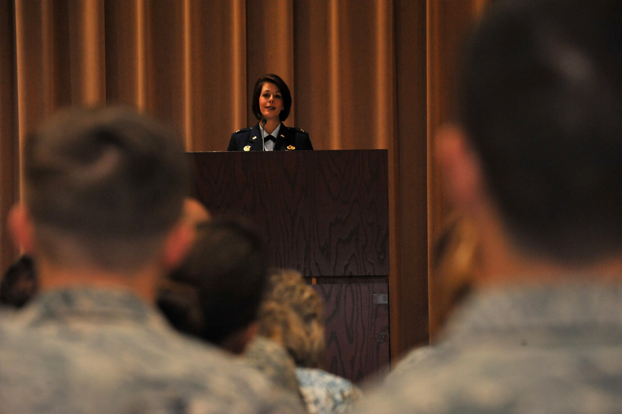 Col. DeDe Halfhill, 2nd Mission Support Group commander, addresses members of the 2nd MSG for the first time during a change of command ceremony at Barksdale Air Force Base, La., July 19, 2016. The 2nd MSG provides essential services for more than 20,000 people in the local area, including service members and their families, Department of Defense civilians and retirees. (U.S. Air Force photo/Senior Airman Joseph Raatz)