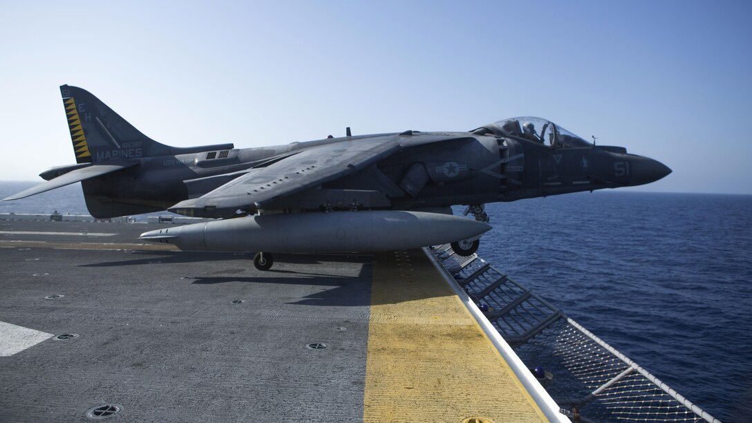 An AV-8B Harrier II with Marine Medium Tiltrotor Squadron 264, 22nd Marine Expeditionary Unit, takes off from the flight deck of the amphibious assault ship USS Wasp on July 18, 2016. The 22nd Marine Expeditionary Unit, deployed with the Wasp Amphibious Ready Group, is conducting naval operations in support of U.S. national security interests in Europe.