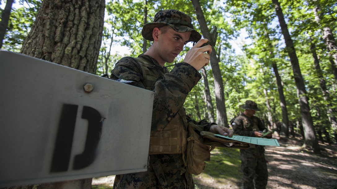 Candidates with India Company, Officer Candidate School, conduct the day compass course at Marine Corps Base Quantico, Virginia, July 17, 2016. The mission of OCS is to educate and train officer candidates in order to evaluate and screen individuals for qualities required for commissioning as a Marine Corps officer.