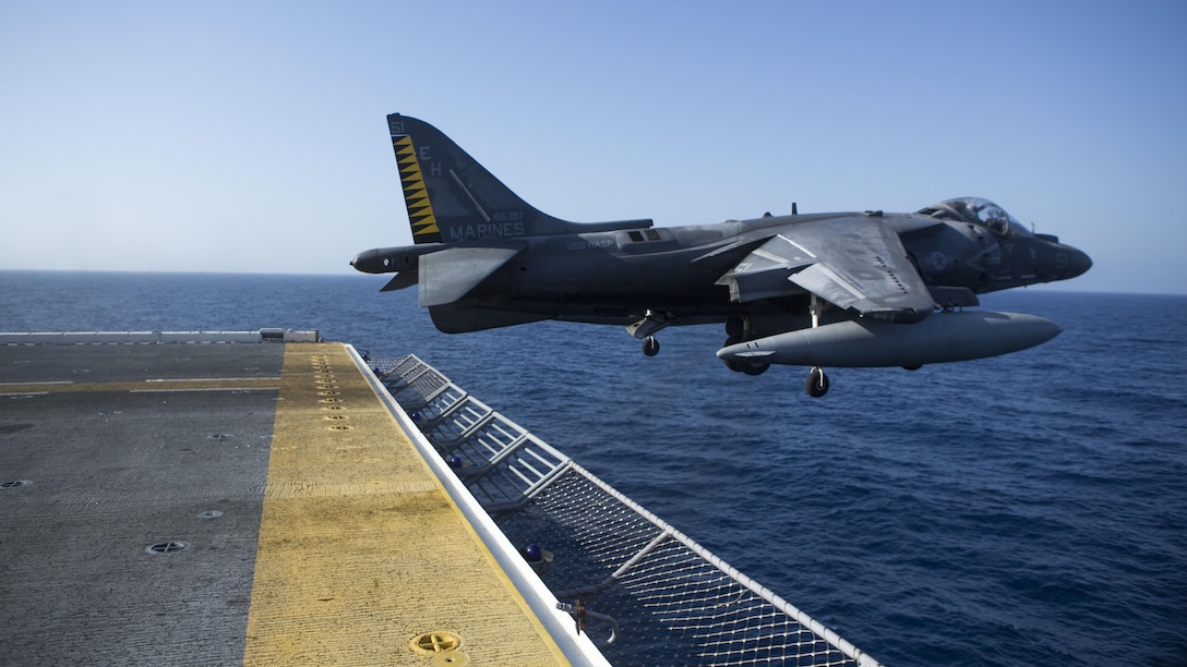 An AV-8B Harrier II with Marine Medium Tiltrotor Squadron 264, 22nd Marine Expeditionary Unit, takes off from the flight deck of the amphibious assault ship USS Wasp on July 18, 2016. The 22nd Marine Expeditionary Unit, deployed with the Wasp Amphibious Ready Group, is conducting naval operations in support of U.S. national security interests in Europe. 
