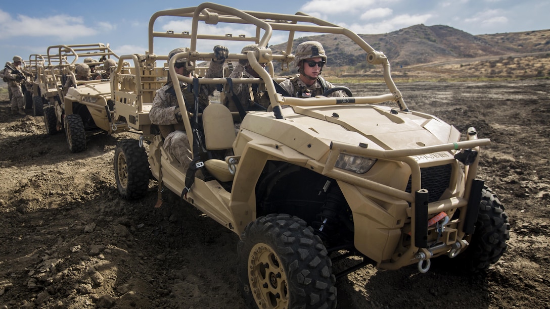 U.S. Marines from Kilo Company, 3rd Battalion 5th Marines prepare to begin a patrol in the Polaris MRZR all-terrain vehicle. The MRZR is designed to quickly concentrate and disperse forces as required, and provide initial assault and raid capability for surface and vertical assaults during the Marine Corps Warfighting Laboratory's Marine Air-Ground Task Force Integrated Experiment on Marine Corps Base Camp Pendleton, California, July 8, 2016. The Warfighting Lab is conducting an experiment in conjunction with the Rim of the Pacific exercise to explore new gear and assess its capabilities for potential future use. The Warfighting Lab identifies possible challenges of the future, develops new warfighting concepts, and tests new ideas to help develop equipment that meets the challenges of the future operating environment.