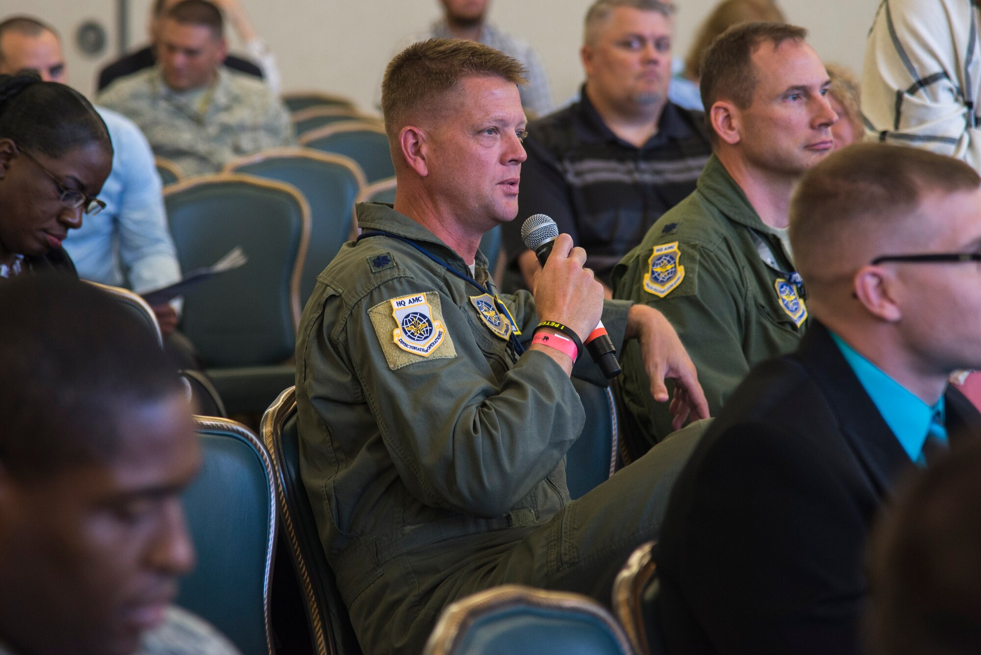 Lt. Col. Jason Stutzman, Air Mobility Command operations plans and requirements, attends an open panel of hiring managers during a free hiring fair and transition summit at Scott Air Force Base, Ill. on July 13, 2016. Stutzman asked about the biggest challenges and pitfalls most veterans face looking for a job after their time in the military. The first day of the transition summit offered industry briefs from Microsoft, the 375th Communications Group, Alcoa, Fastport, and SSM Health to transitioning service members, veterans, and military spouses, followed by a panel discussion with senior leaders of potential employers that answered questions of audience members on the transitioning process. The second day featured employment workshops, another panel discussion on different transition perspectives, and a hiring and education fair.  (U.S. Air Force Photo by Airman Daniel Garcia)