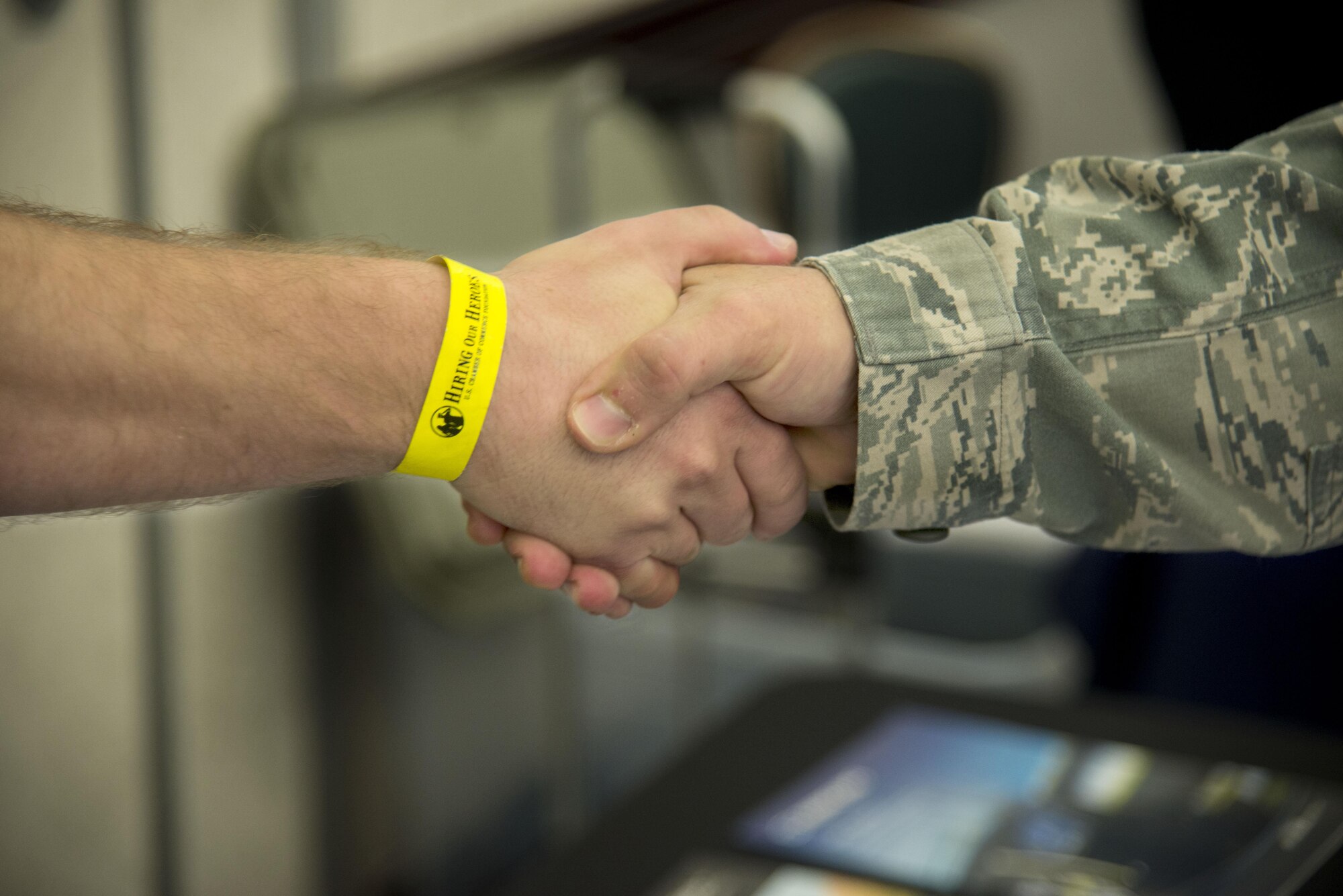 Employers and transitioning military members network during the free hiring fair and transition summit at Scott Air Force Base, Ill. on July 13, 2016. The first day of the transition summit offered industry briefs from Microsoft, the 375th Communications Group, Alcoa, Fastport, and SSM Health to transitioning service members, veterans, and military spouses, followed by a panel discussion with senior leaders of potential employers that answered questions of audience members on the transitioning process. The second day featured employment workshops, another panel discussion on different transition perspectives, and a hiring and education fair.  (U.S. Air Force Photo by Airman Daniel Garcia)