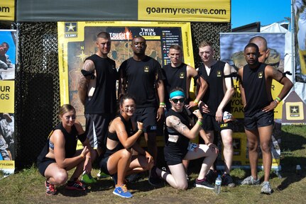 HUGO, Minn. -- Many of the Soldiers from the 103rd Sustainment Command (Expeditionary) who motivated Mudders on Saturday prepare to tackle the Twin Cities Tough Mudder July 17, 2016. 

(Top L:R) Spc. Jesse Gilbert, 322 Support Maintenance Company, Sgt. Andemum Waquong, 322 Support Maintenance Company, Spc. John Hunt, 457 Transportation Battalion, Pfc. Jacob Prokosch, 322 Support Maintenance Company, Sgt. Joseph Howard, 847 Human Resources Company
(Bottom L:R) Spc. Kimberly Anderson, 847 Human Resources Company, Spc. Jamie Walker, 847 Human Resources Company, Spc. Jessie Morrison 322 Support Maintenance Company