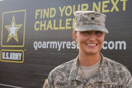 HUGO, Minn.- Spc. Kimberly Anderson, assigned to the 847th Human Resource Company, Fort Snelling, Minnesota, smiles before participating in the 2016 Twin Cities Tough Mudder with eight other Reserve Soldiers in Hugo, Minnesota, July 17. Anderson was asked to compete after volunteering at the event the day before. Anderson feels that participating in the event shows that she cares about having a presence in the community. (U.S. Army photo by Spc. Claudia Rocha)