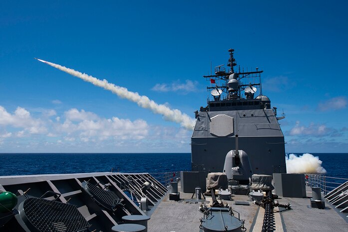 Sailors aboard the guided-missile cruiser USS Princeton (CG 59) fire an RGM-84 Harpoon anti-ship missile during an international sinking exercise, or SINKEX, for Rim of the Pacific 2016. Twenty-six nations, more than 40 ships and submarines, more than 200 aircraft, and 25,000 personnel are participating in RIMPAC from June 30 to Aug. 4, in and around the Hawaiian Islands and Southern California. The world's largest international maritime exercise, RIMPAC provides a unique training opportunity that helps participants foster and sustain the cooperative relationships that are critical to ensuring the safety of sea lanes and security on the world's oceans. RIMPAC 2016 is the 25th exercise in the series that began in 1971. 
