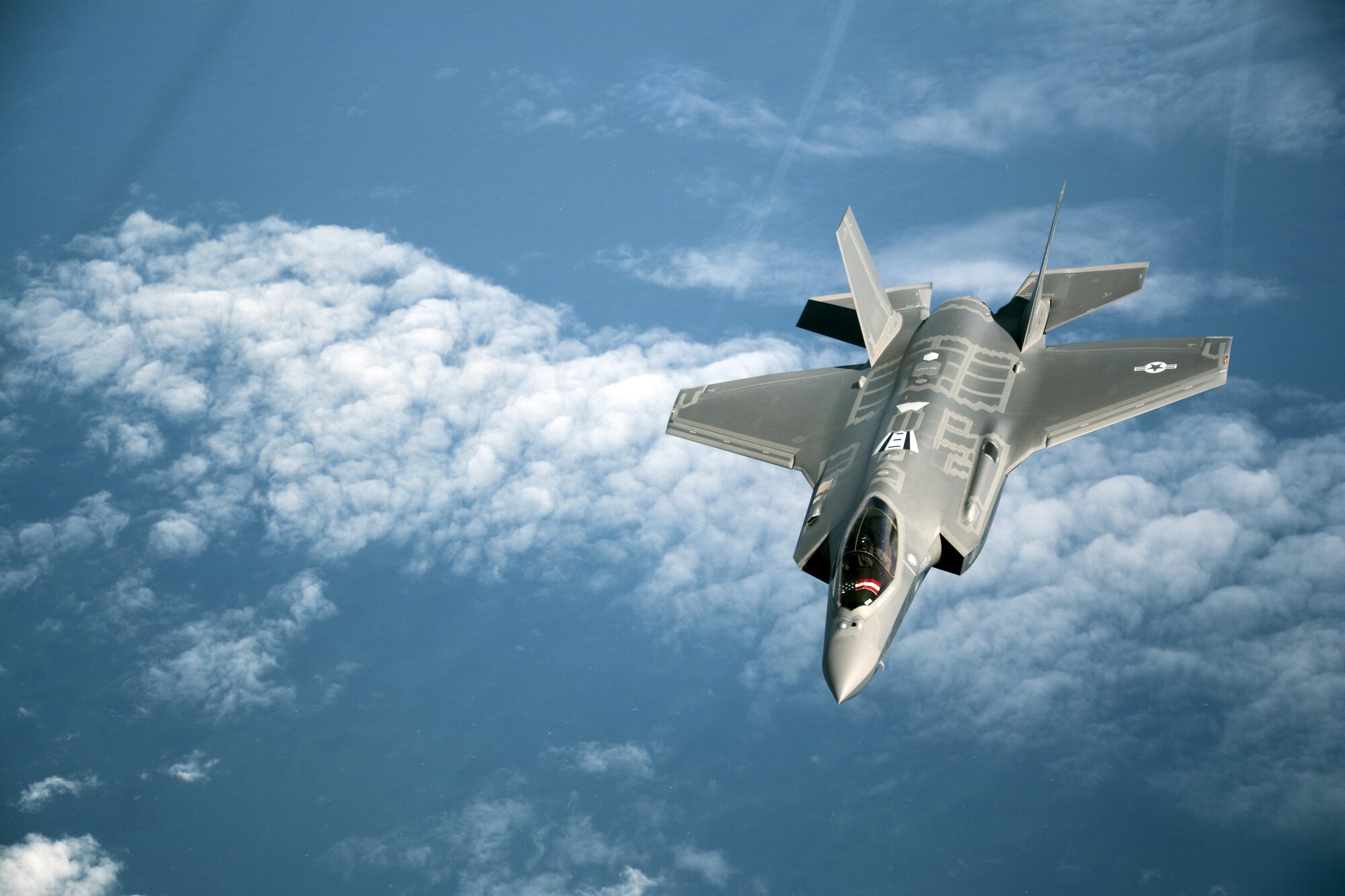 F-35A Lightning II aircraft receive aerial refuelings from a Travis KC-10 Extender July 13, 2016 on the flight from England to the United States. The fighters were returning to Luke Air Force Base, Arizona after participating in the world's largest air show. (U.S. Air Force photos by Staff Sgt. Madelyn Brown)