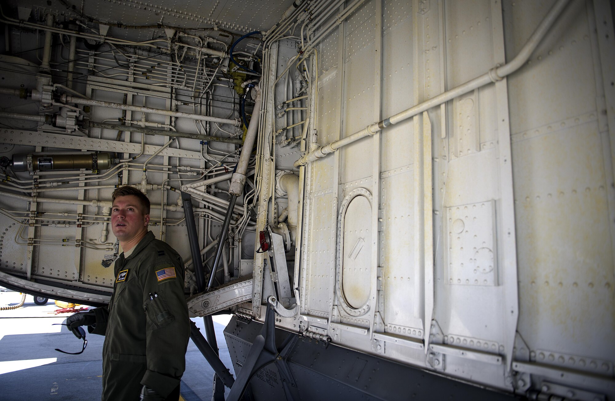 Capt. Dan Fenwick, a KC-135 Stratotanker pilot from MacDill Air Force Base, conducts pre-flight checks at Nellis Air Force Base, Nevada July 18, 2015 during exercise Red Flag. Red Flag 16-3 is one of four Red Flag exercises at Nellis--this edition of Red Flag focusing on multi-domain operations in air, space and cyberspace. (U.S. Air Force photo/Tech. Sgt. David Salanitri)