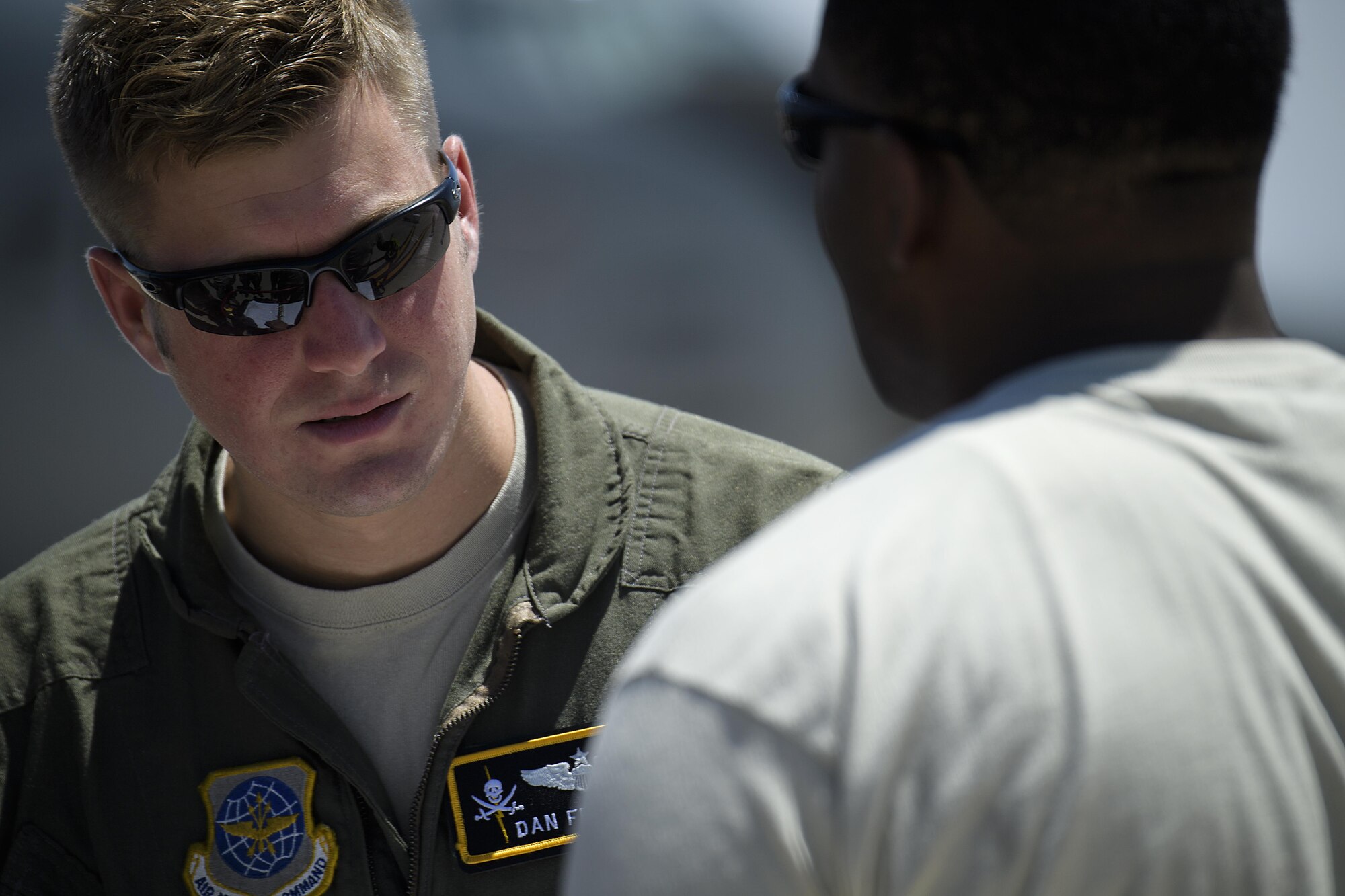 Capt. Dan Fenwick, a KC-135 Stratotanker pilot from MacDill Air Force Base, talks to Staff Sgt. Brandon Richardson as part of the pre-flight checks at Nellis Air Force Base, Nevada July 18, 2015 during exercise Red Flag. Red Flag 16-3 is one of four Red Flag exercises at Nellis--this edition of Red Flag focusing on multi-domain operations in air, space and cyberspace. (U.S. Air Force photo/Tech. Sgt. David Salanitri)