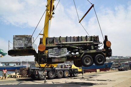 A Patriot missile launching system reports for duty, ready to move to Kunsan Air Base to integrate with 2-1 ADA Battalion. 35th ADA Brigade, in cooperation with 19th ESC, coordinated for B Battery, 1-1 ADA Battalion equipment to arrive at the Port of Busan, July 13