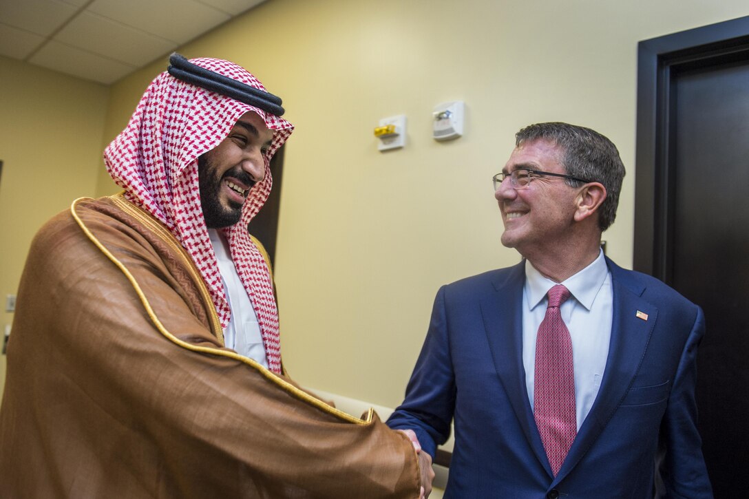 Defense Secretary Ash Carter meets with Saudi Defense Minister and Deputy Crown Prince Mohammed bin Salman during a meeting of defense ministers and senior leaders from the coalition to counter the Islamic State of Iraq and the Levant at Joint Base Andrews, Md., July 20, 2016. DoD photo by Air Force Tech. Sgt. Brigitte N. Brantley