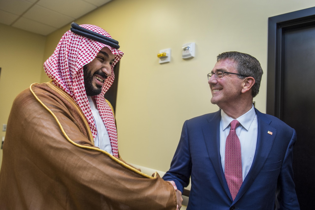 Defense Secretary Ash Carter meets with Saudi Defense Minister and Deputy Crown Prince Mohammed bin Salman during a meeting of defense ministers and senior leaders from the coalition to counter the Islamic State of Iraq and the Levant at Joint Base Andrews, Md., July 20, 2016. DoD photo by Air Force Tech. Sgt. Brigitte N. Brantley