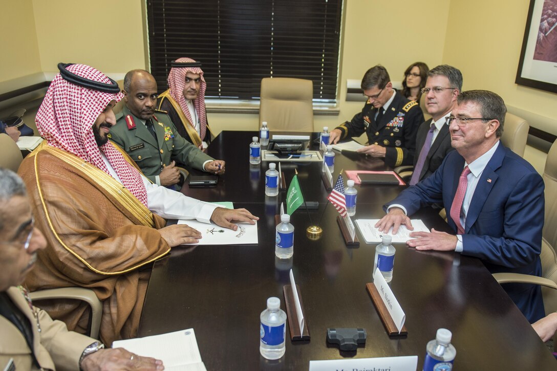 Defense Secretary Ash Carter, right, meets with Saudi Defense Minister and Deputy Crown Prince Mohammed bin Salman during a meeting of defense ministers and senior leaders from the coalition to counter the Islamic State of Iraq and the Levant at Joint Base Andrews, Md., July 20, 2016. DoD photo by Air Force Tech. Sgt. Brigitte N. Brantley