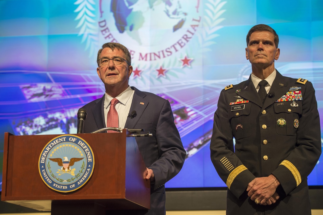 Defense Secretary Ash Carter and Army Gen. Joseph Votel, commander of U.S. Central Command, hold a news conference after a meeting of defense ministers and senior leaders from the coalition to counter the Islamic State of Iraq and the Levant at Joint Base Andrews, Md., July 20, 2016. DoD photo by Air Force Tech. Sgt. Brigitte N. Brantley