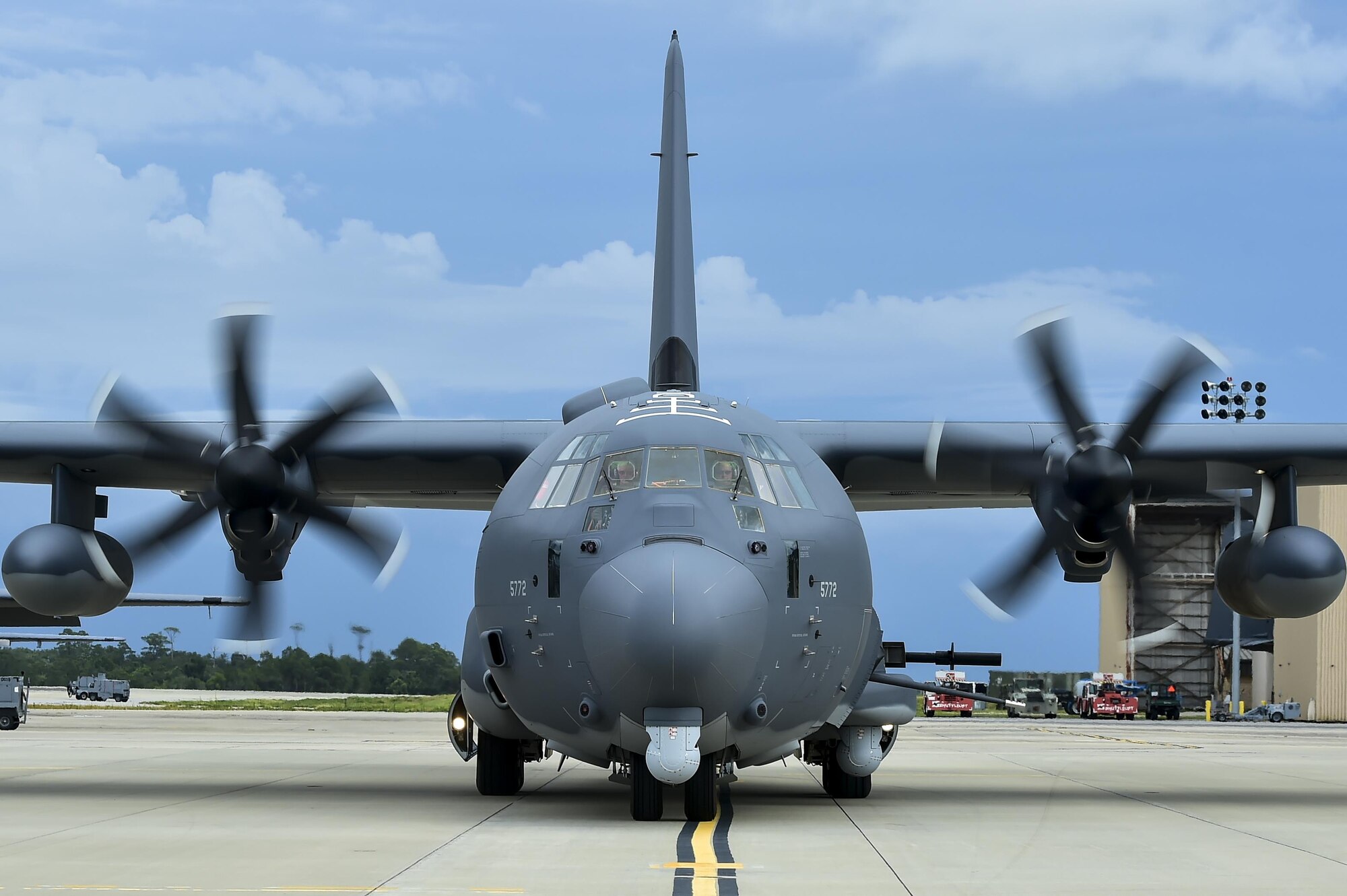 An AC-130J Ghostrider gunship, Block 20 model, shuts down after arriving to Hurlburt Field, Fla., for the first time July 18, 2016. The Block 20 version of the AC-130J is modified with the 105mm canon and will be operationally tested out of Hurlburt Field. The AC-130J will provide ground forces an expeditionary, direct-fire platform that is persistent, ideally suited for urban operations and delivers precision low-yield munitions against ground targets. (U.S. Air Force photo by Senior Airman Jeff Parkinson)