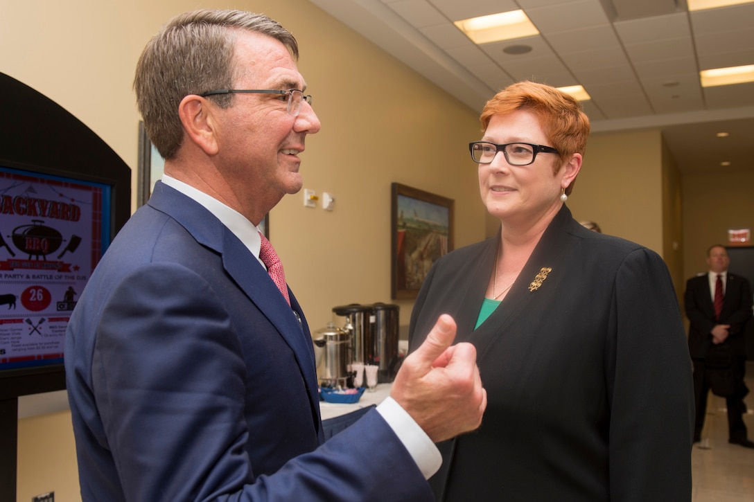 Defense Secretary Ash Carter meets with Australian Defense Minister Marise Payne during a meeting of defense ministers and senior leaders from the coalition to counter the Islamic State of Iraq and the Levant at Joint Base Andrews, Md., July 20, 2016. DoD photo by Air Force Tech. Sgt. Brigitte N. Brantley