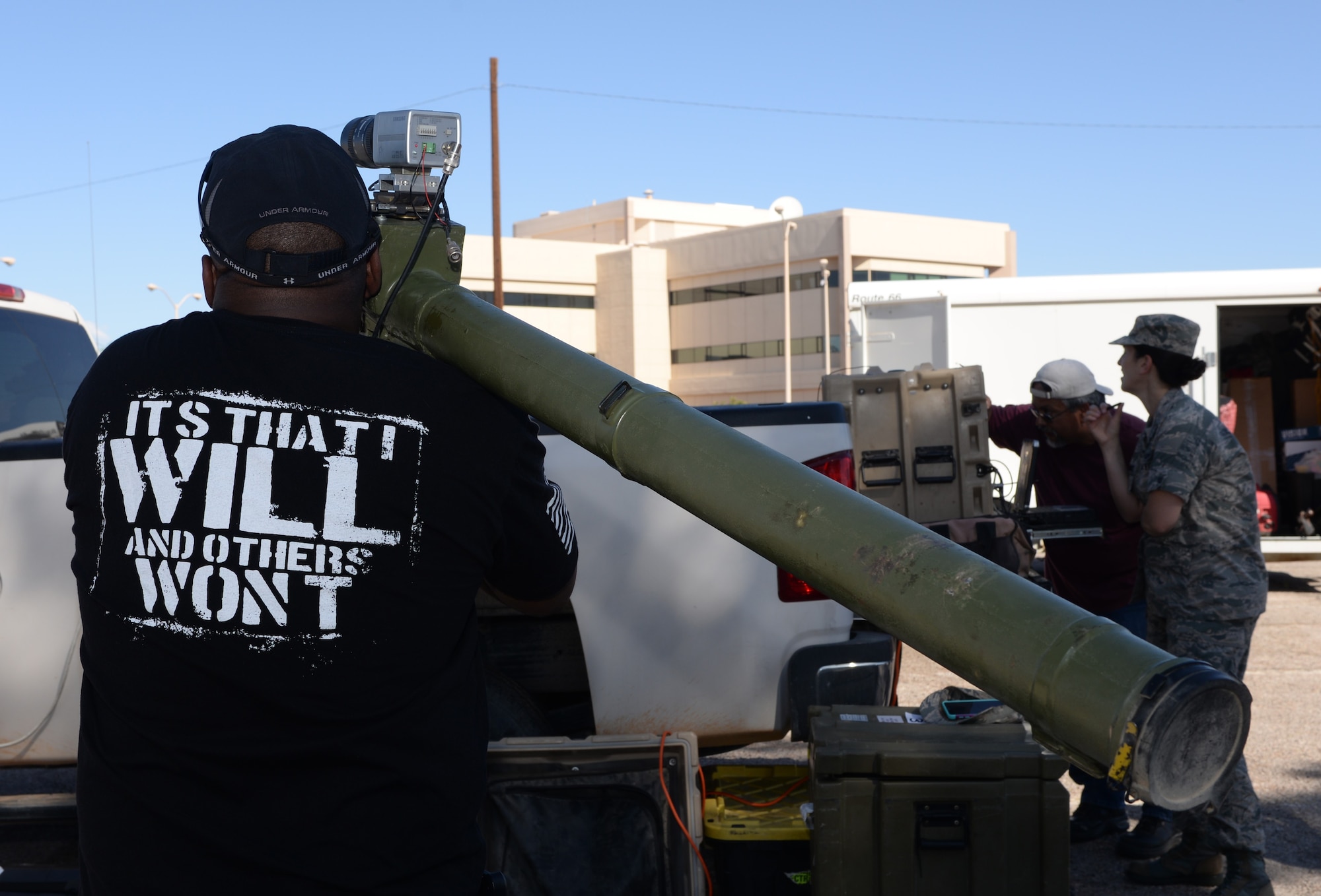 Tony Rankins, program manager for the Warfighter Integration Office at the Center for Countermeasures, aims a man-portable air-defense system (MANPADS) during Red Flag 16-3 on Nellis Air Force Base, Nev., July 18, 2016. MANPADS can attain a speed of about twice the speed of sound and strike aircraft flying at altitudes up to approximately 15,000 feet. The device is monitored through a separate computer which calculates the accuracy and trajectory. (U.S. Air Force photo by Senior Airman Kristin High/Released)