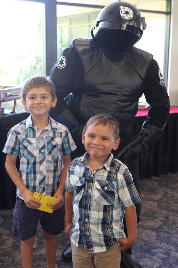 The Imperial Gunner from Star Wars poses for a photo with children during Recruiting Station Los Angeles’ Family Day at Naval Base Ventura County Port Hueneme, July 16, 2016. During the family day, volunteers from the 501st Legion Southern California Garrison dressed up as Star Wars characters, interacting with families. (U.S. Marine Corps photo by Staff Sgt. Alicia R. Leaders/Released)