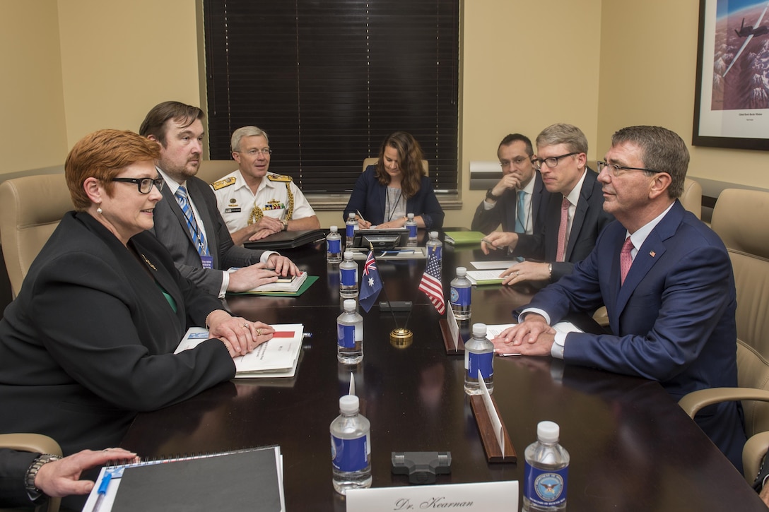 Defense Secretary Ash Carter speaks with Australian Defense Minister Marise Payne during a meeting of defense ministers from the coalition to counter the Islamic State of Iraq and the Levant at Joint Base Andrews, Md., July 20, 2016. DoD photo by Air Force Tech. Sgt. Brigitte N. Brantley