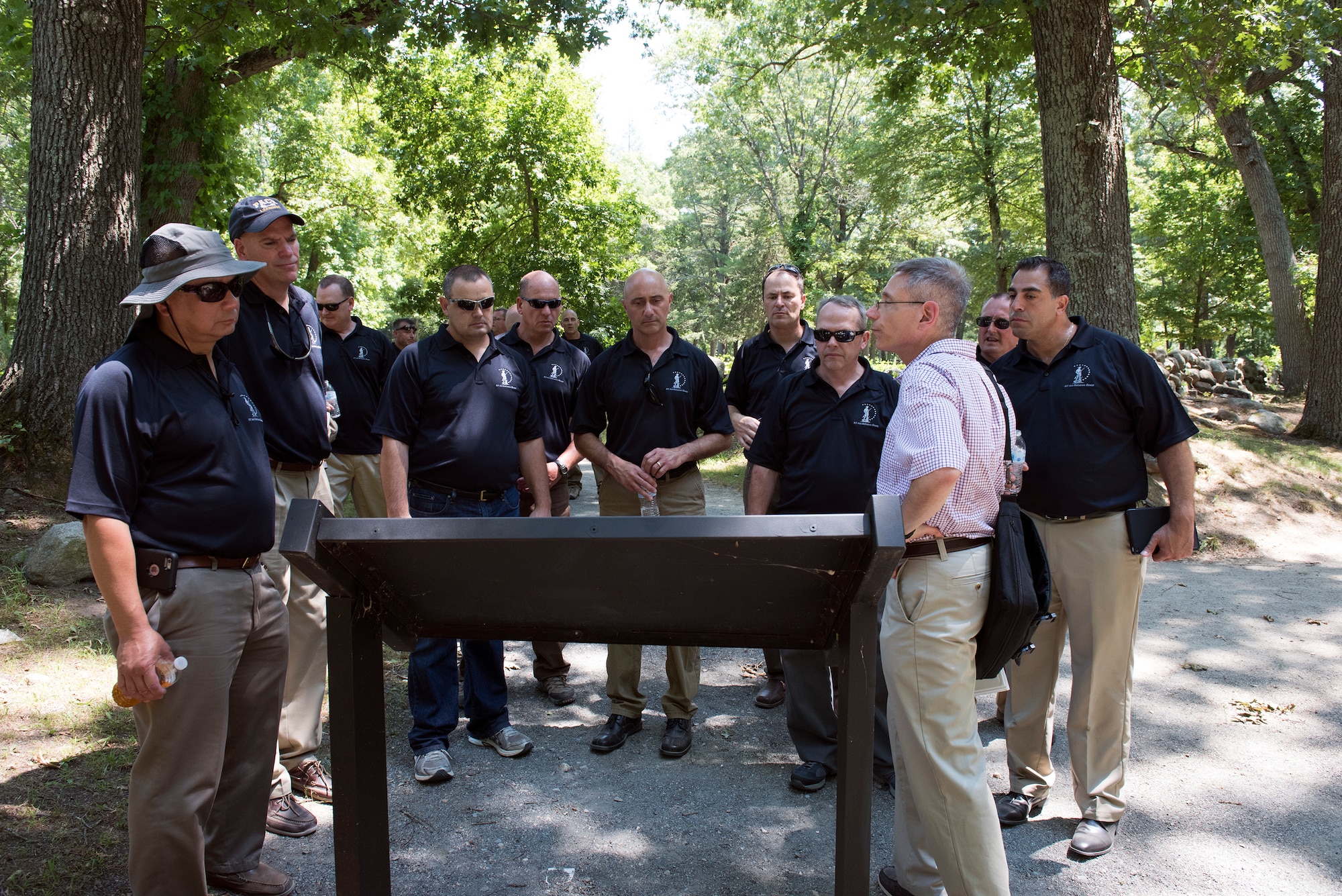 More than 20 senior officer and enlisted leaders from the 109th Airlift Wing visit the Lexington and Concord battle road in Massachusetts on July 13, 2016, as part of  a professional development staff ride to Massachusetts July 11-14. Leaders had the opportunity to network with each other and discuss the wing's strtegic plan. (U.S. Air National Guard photo by Senior Airman Jamie Spaulding/Released)