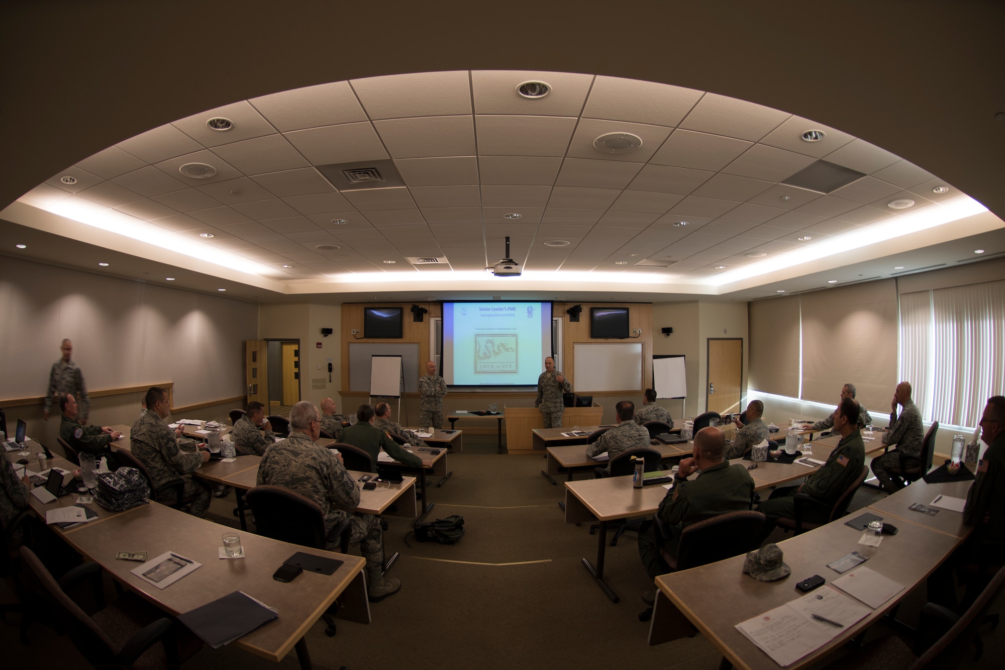 Col. Jeffrey Hedges, 109th Mission Support Group commander, opens up classroom instruction at the Southbridge Conference Center, Southbridge, Massachusetts, on July 12, 2016. Senior officer and enlisted leaders with the 109th Airlift Wing got an historical overview of The American Revolution and had facilitated discussion about strategic planning. (U.S. Air National Guard photo by Senior Airman Jamie Spaulding/Released)