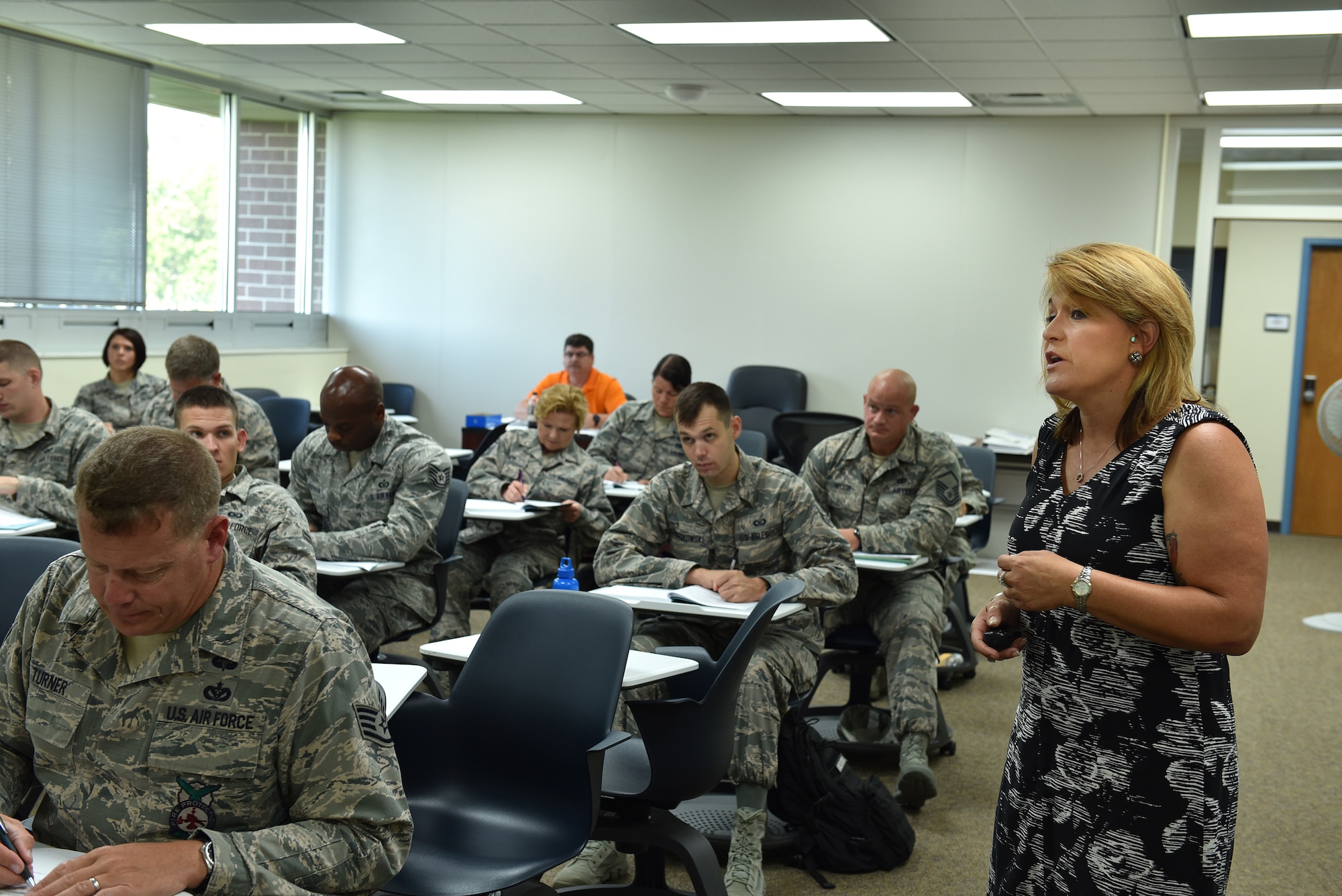 Tammie Smeltzer, professional continuing education manager, teaches a lesson on the different levels of learning to students enrolled in the Instructor Certification Program, July 20, 2016, at the I.G. Brown Training and Education Center in Louisville, Tenn. (U.S. Air National Guard photo by Master Sgt. Mike R. Smith)