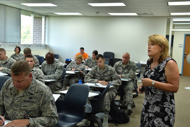 Tammie Smeltzer, professional continuing education manager, teaches a lesson on the different levels of learning to students enrolled in the Instructor Certification Program, July 20, 2016, at the I.G. Brown Training and Education Center in Louisville, Tenn. (U.S. Air National Guard photo by Master Sgt. Mike R. Smith)
