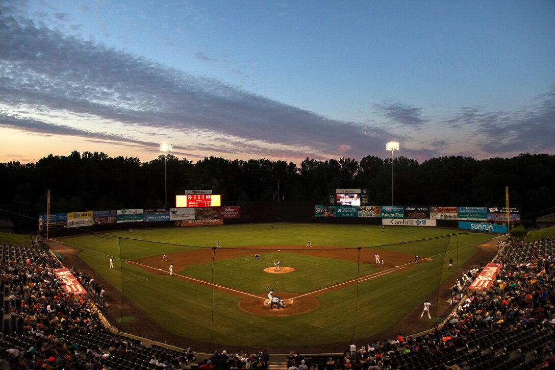 Members of the community and Joint Base Andrews watch the Bowie Baysox play the Richmond Flying Squirrels in Bowie, Md., July 15, 2016. The Baysox donated 2,500 general admission tickets to Joint Base Andrews as part of the Baysox’s sixth Joint Base Andrews Military Appreciation Night. (U.S. Air Force photo by Airman 1st Class Philip Bryant)