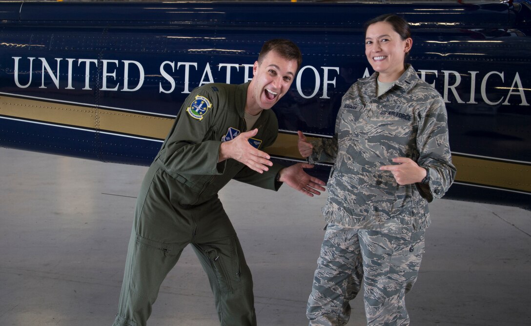 Capt. Raylind Bergman, 1st Helicopter Squadron instructor pilot and operations assistant flight commander, poses for a photo with his wife, 1st Lt. Alethea Bergman, 79th Medical Wing aerospace and operational physiologist and operations element chief, at Joint Base Andrews, Md., July 6, 2016. . The couple met in ROTC, married in 2010, and are expecting their first child this year. (U.S. Air Force photo by Senior Airman Mariah Haddenham)