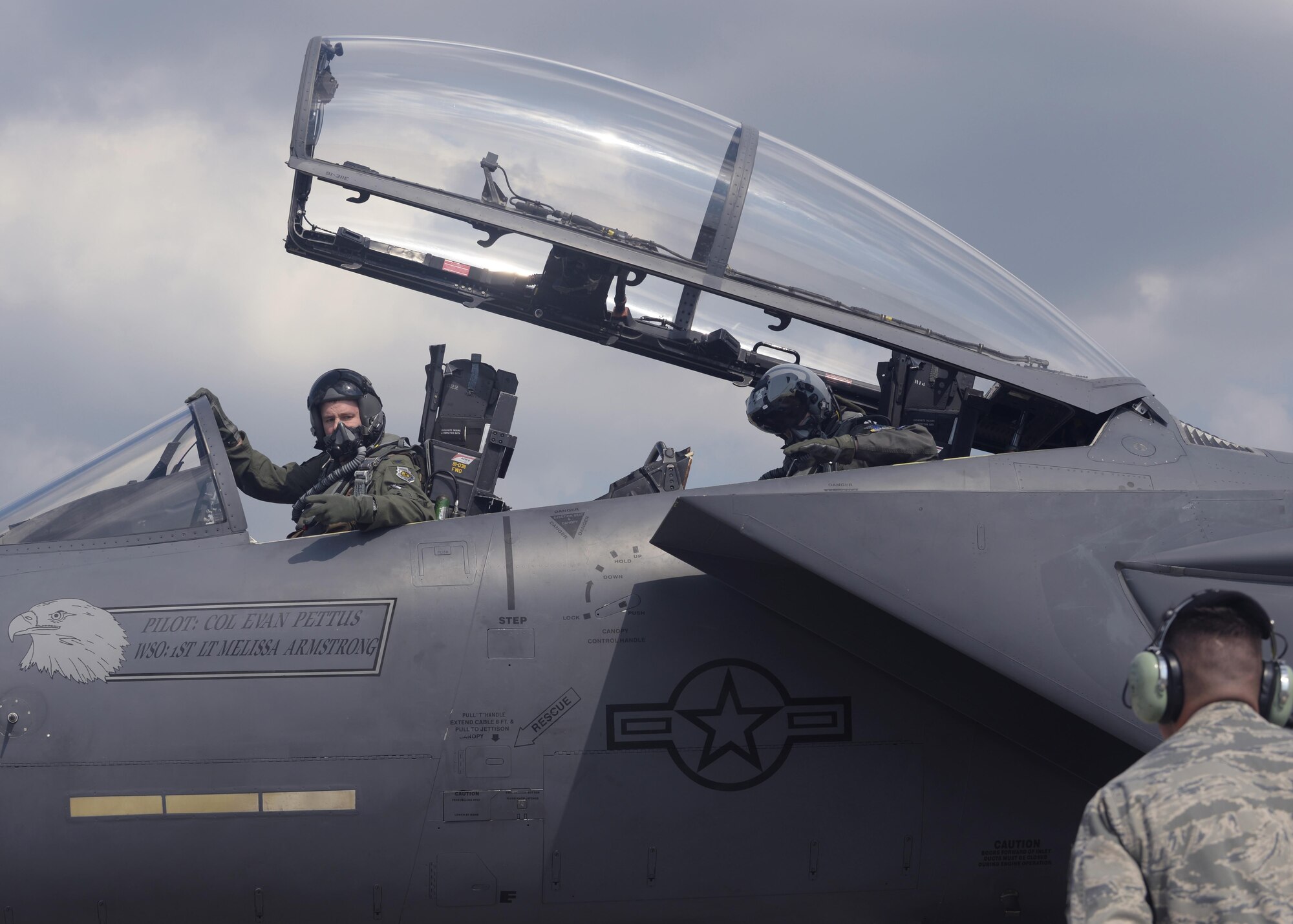U.S. Air Force Col. Evan Pettus runs through his pre-flight checks prior to his first flight as the 48th Fighter Wing commander at Royal Air Force Lakenheath, England, July 20. Pettus assumed command of the 48th FW on July 19, and has logged 2,200 flight hours in the F-15E Strike Eagle(U.S. Air Force photo/Airman 1st Class Abby L. Finkel)