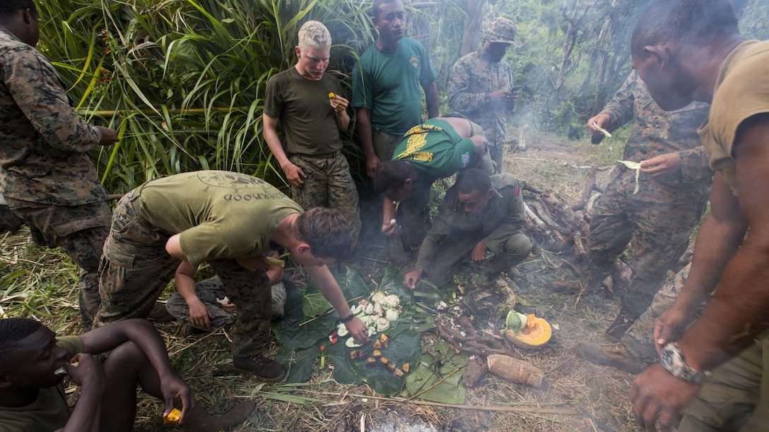 U.S. Marines with Task Force Koa Moana 16.2 and Soldiers from the Republic of Fiji Military Forces conduct jungle survival training on Ovalau, Fiji, July 15, 2016. Marines applied survival techniques they have learned throughout their training with the RFMF. Fiji is part of Task Force Koa Moana’s deployment throughout the Asia-Pacific region, where Marines and Sailors will share engineering and infantry skills with the RFMF to strengthen mil-to-mil relationships and interoperability.