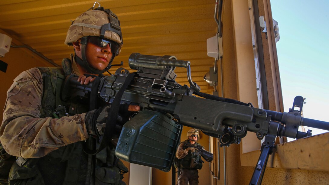 Two Chilean service members post security in a cleared building during military operations on urban terrain training at Marine Corps Base Camp Pendleton, California, July 19, 2016. The training was conducted with U.S., Chilean, and Canadian service members to enhance interoperability between partner nations. Twenty-six nations, more than 40 ships and submarines, more than 200 aircraft and 25,000 personnel are participating in RIMPAC from June 30 to Aug. 4, in and around the Hawaiian Islands and Southern California. The world's largest international maritime exercise, RIMPAC provides a unique training opportunity that helps participants foster and sustain the cooperative relationships that are critical to ensuring the safety of sea lanes and security on the world's oceans. RIMPAC 2016 is the 25th exercise in the series that began in 1971.