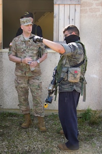 U.S. Army Major Gen. Patrick Reinert, Commanding General, 88th Regional Support Command, converses with Spc. Kristendant Alvarado, 2nd Battalion, 22nd Infantry Regiment, 10th Mountain Division, during Warrior Exercise (WAREX) 86-16-03 at Fort McCoy, Wis., July 16, 2016. WAREX is designed to keep soldiers all across the United States ready to deploy. (U.S. Army photo by Spc. Cody Hein/Released)
WAREX 86-16-03 Distinguished Visitors