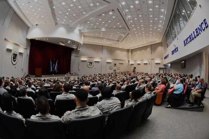 Air Force Chief of Staff Gen. David L. Goldfein and Chief Master Sgt. of the Air Force James A. Cody speak to Airmen at Maxwell Air Force Base, Ala., during a town hall July 20, 2016. The Air Force’s two most senior leaders addressed Airmen’s concerns about topics that included personnel, warfighting and retention. (U.S. Air Force photo/Senior Airman Hailey Haux)