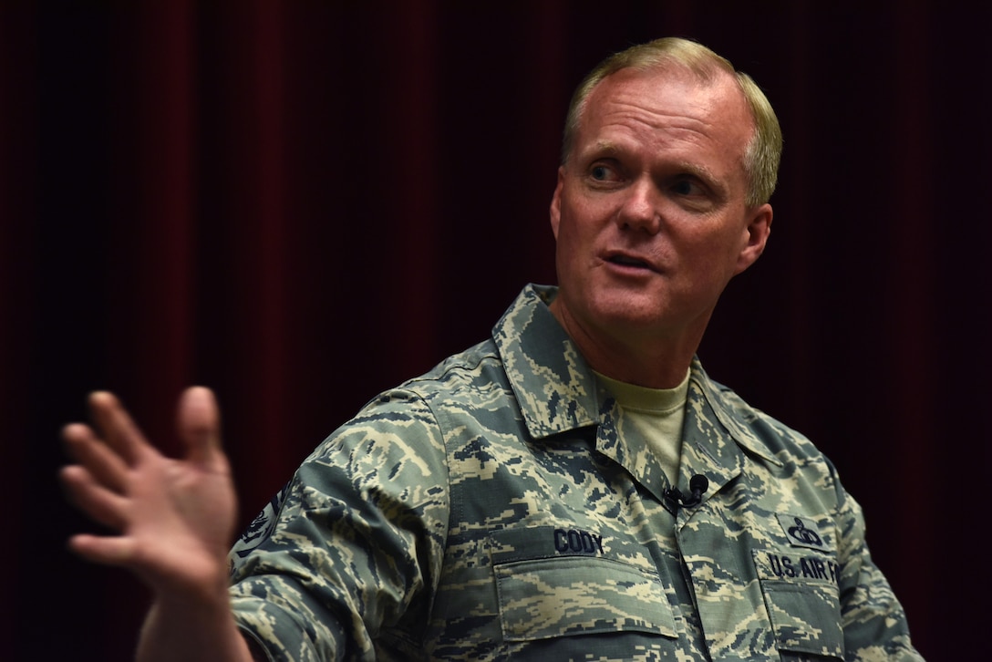 Chief Master Sgt. of the Air Force James A. Cody addresses Airmen at Maxwell Air Force Base, Ala., during a town hall event July 20, 2016. Cody and Gen. David L. Goldfein, the Air Force chief of staff, answered multiple questions, addressing key concerns. (U.S. Air Force photo/Senior Airman Hailey Haux)
