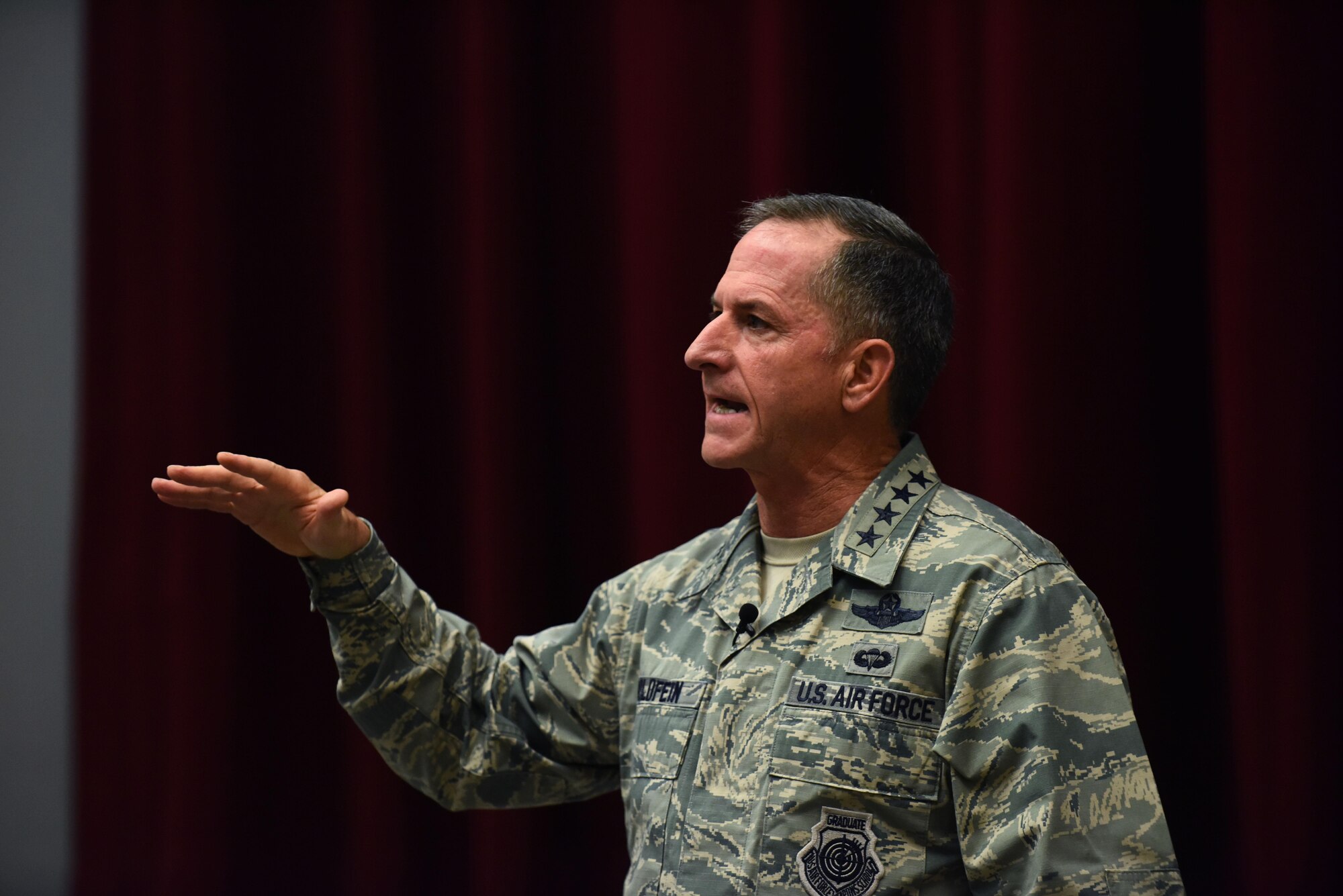 Air Force Chief of Staff Gen. David L. Goldfein speaks to Airmen at Maxwell Air Force Base, Ala., during a town hall event July 20, 2016. This is the first town hall Goldfein has hosted since being sworn in as the chief of staff. (U.S. Air Force photo/Senior Airman Hailey Haux)