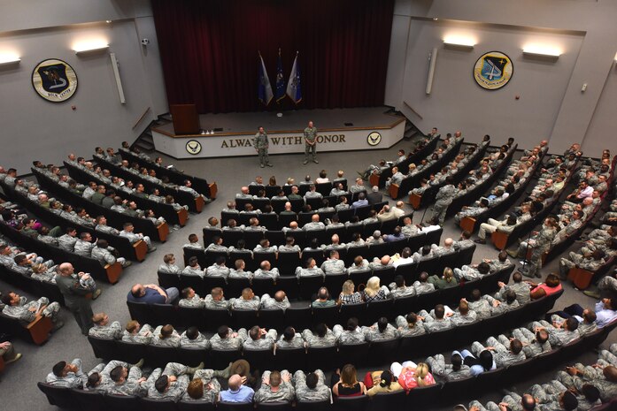 Air Force Chief of Staff Gen. David L. Goldfein and Chief Master Sgt. of the Air Force James A. Cody speak to Airmen at Maxwell Air Force Base, Ala., during a town hall July 20, 2016. The Air Force’s two most senior leaders addressed Airmen’s concerns about topics that included personnel, warfighting and retention. (U.S. Air Force photo/Senior Airman Hailey Haux)