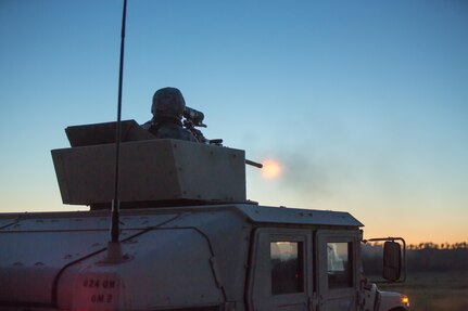 U.S. Army Soldiers from the 329th Combat Sustainment Support Battalion conduct a night live fire exercise using M2 Browning, .50 Caliber Machine Guns mounted on High Mobility Multipurpose Wheeled Vehicles (HMMWV) during Warrior Exercise (WAREX) 86-16-03 at Fort McCoy, Wis., July 13, 2016. WAREX is designed to keep soldiers all across the United States ready to deploy. (U.S. Army photo by Spc. John Russell/Released)