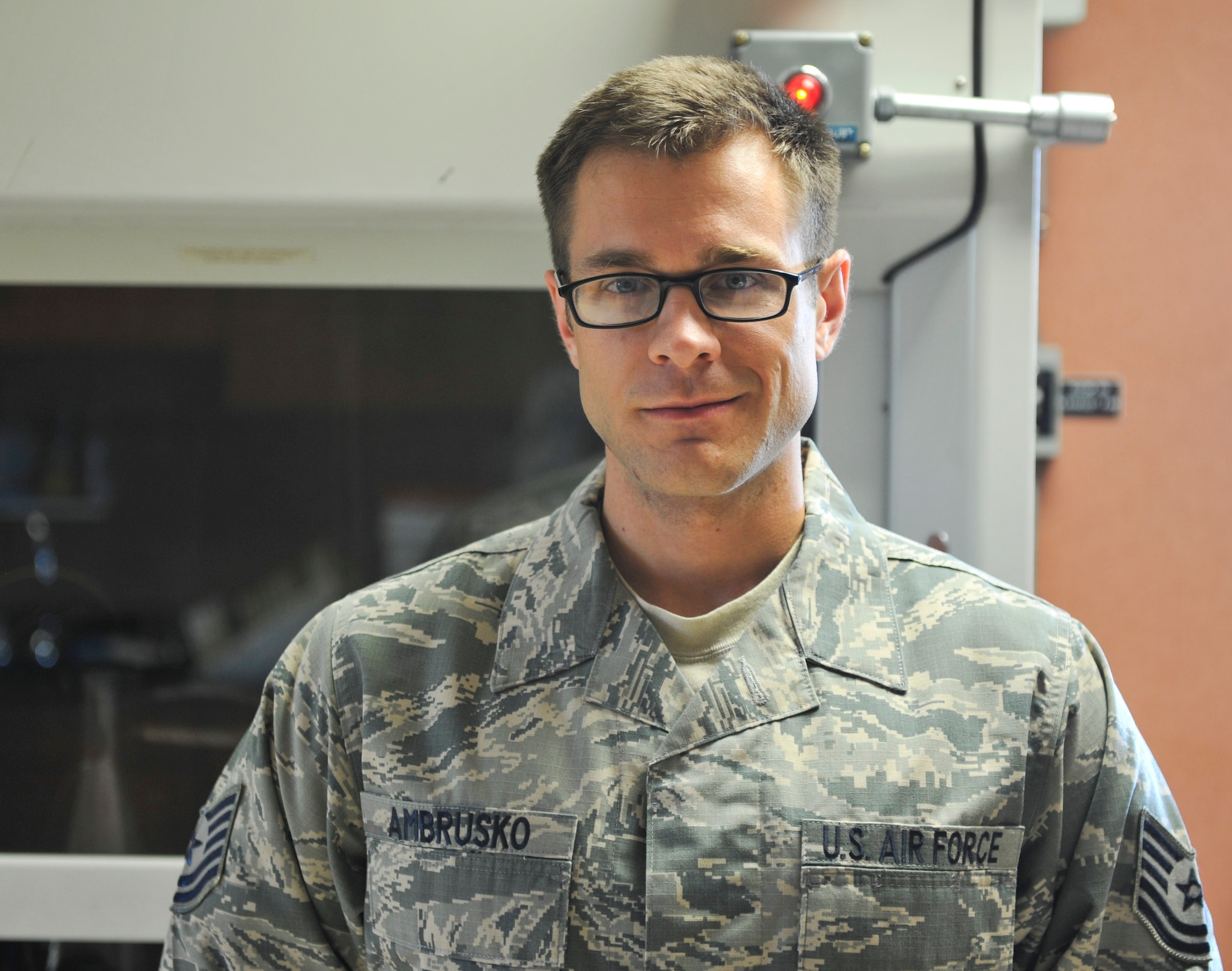 U.S. Air Force Tech. Sgt. David Ambrusko, 325th Logistics Readiness Squadron fuels control center NCO in charge, stands in the fuels laboratory at Tyndall Air Force Base, Fla., July 19, 2016. Ambrusko joined the Air Force to travel the world, and has been at Tyndall AFB for two and a half years. (U.S. Air Force photo by Senior Airman Dustin Mullen/Released)