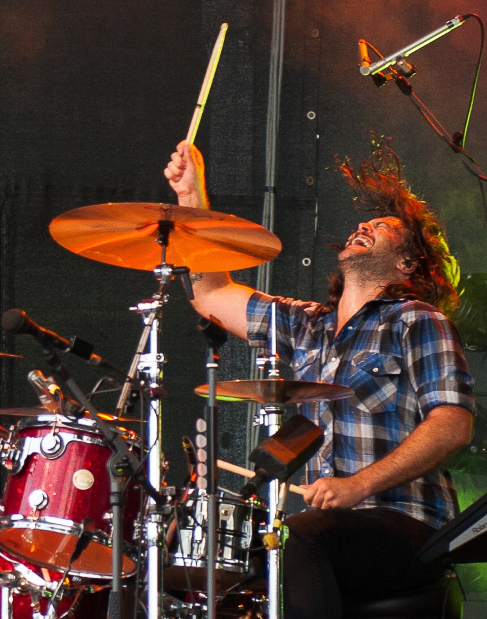 Chris Thompson, Eli Young Band drummer, plays during a concert at Ramstein Air Base, Germany, July 16, 2016. The band played several fan favorites during the concert and also debuted an unreleased song from their untitled fifth album. (U.S. Air force photo/Airman 1st Class Lane T. Plummer)