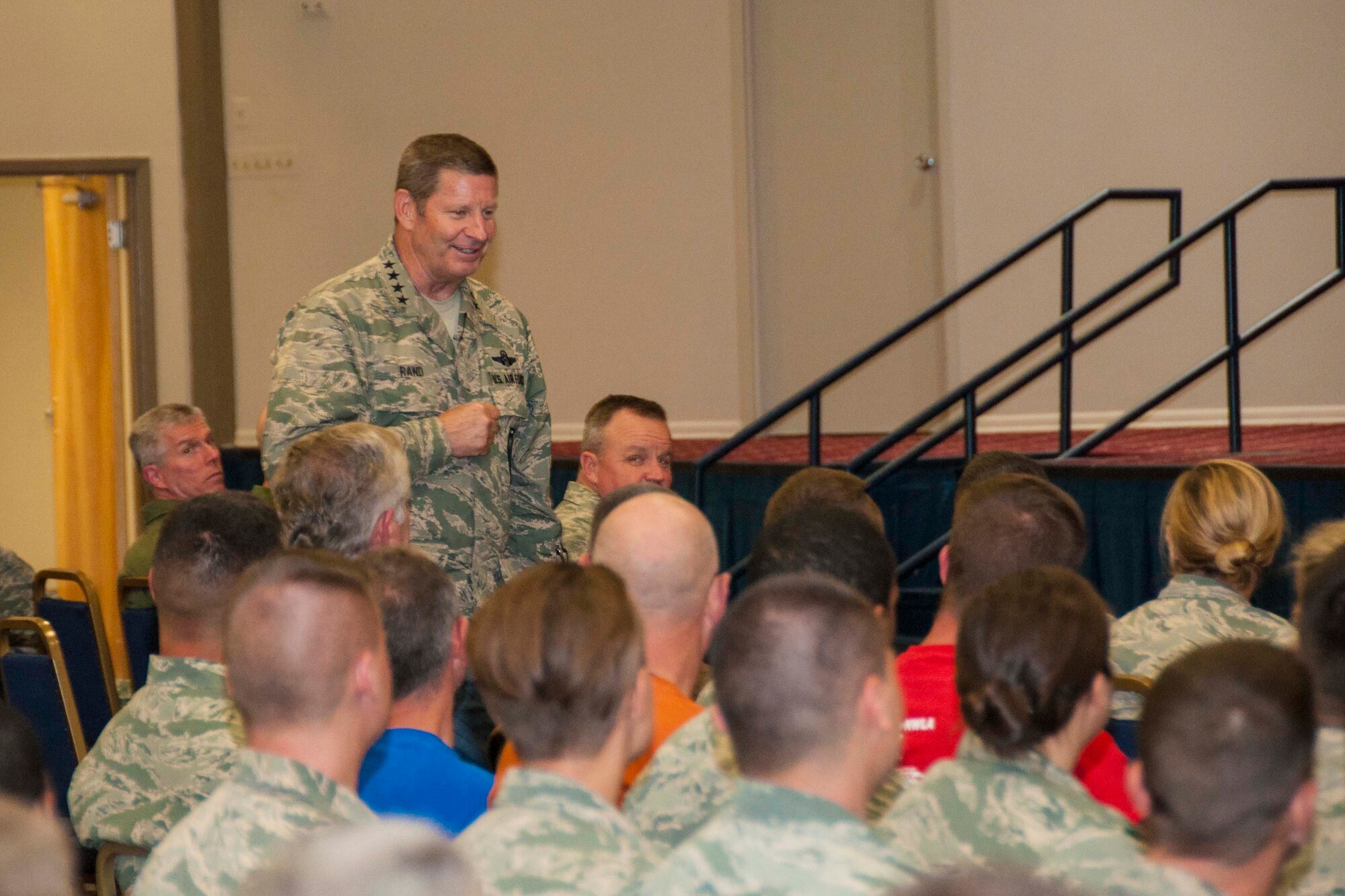 U.S. Air Force Gen. Robin Rand, Air Force Global Strike Command commander, addresses Airmen and civilian personnel of the 307th Bomb Wing during an all call at Barksdale Air Force Base, La., July 19, 2016.  The all call was part of a tour designed to let Rand meet and speak with Airmen that help perform the Air Force’s B-52 Stratofortress mission.  (U.S. Air Force photo by Tech. Sgt. Ted Daigle)