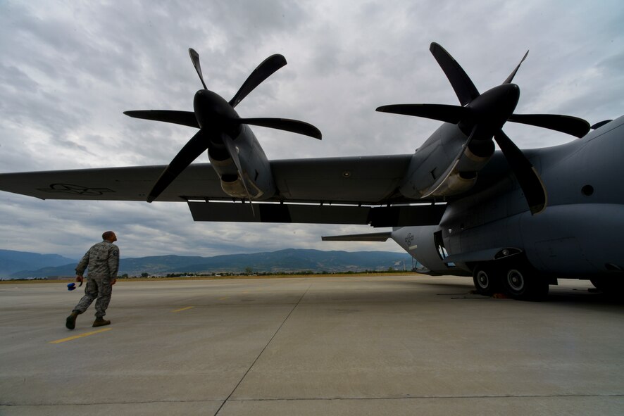 U.S. Air Force Master Sgt. Kevin Hayes, 86th Aircraft Maintenance Squadron production superintendent inspects a C-130J Super Hercules before flight at Plovdiv Airport, Bulgaria during exercise Thracian Summer 2016, July 20, 2016. Through Exercise Thracian Summer, the United States and Bulgaria will enhance their mutual abilities to work together, with other NATO nations and with key regional partners on regional security, and help prepare Bulgaria for potential future operations in support of contingency operations around the world. The U.S. values the shared commitment and close cooperation with Bulgaria and other NATO allies on countering a range of regional and global threats. (U.S. Air Force photo/Senior Airman Nicole Keim)