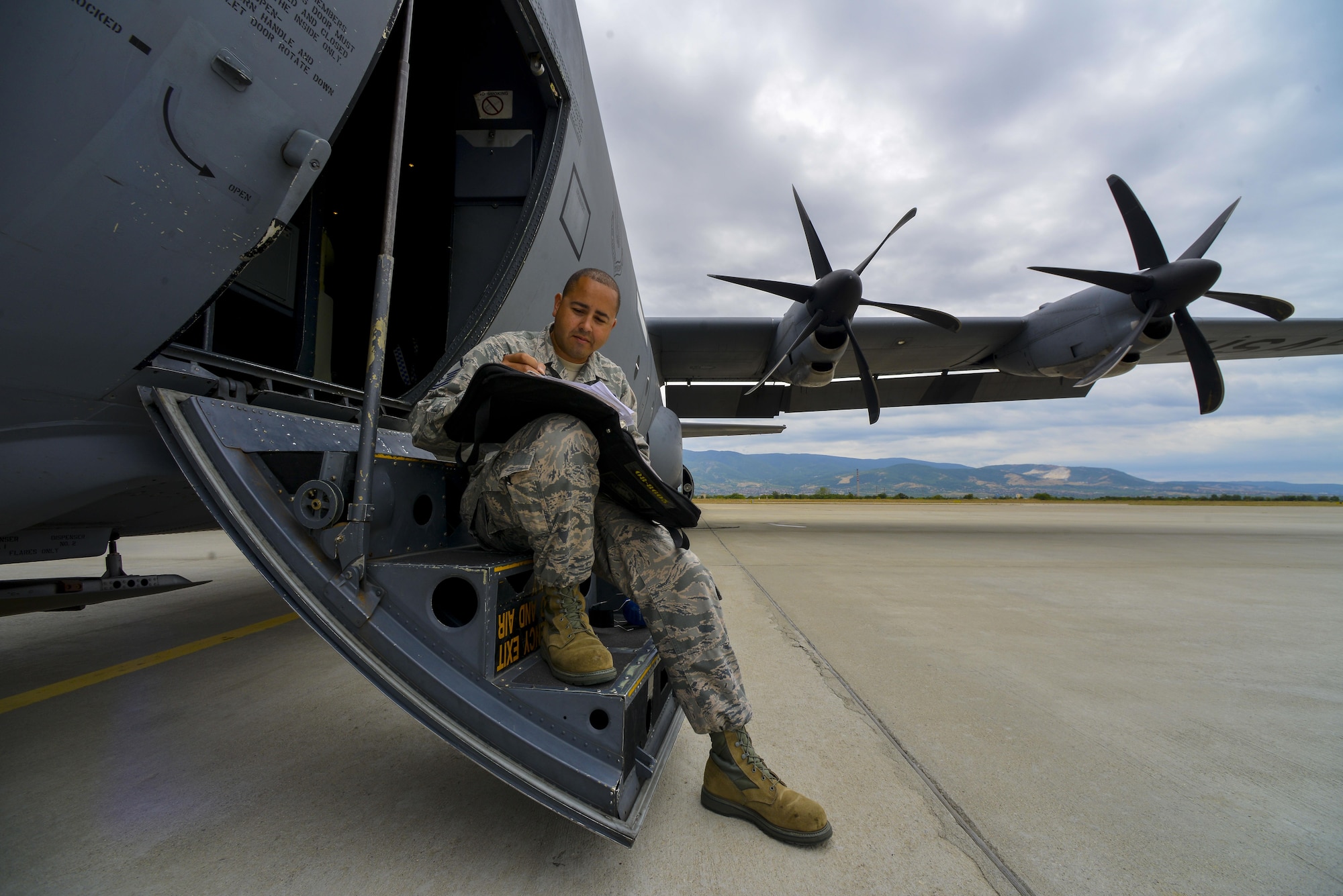 U.S. Air Force Master Sgt. Kevin Hayes, 86th Aircraft Maintenance Squadron production superintendent inspects a C-130J Super Hercules before flight at Plovdiv Airport, Bulgaria during exercise Thracian Summer 2016, July 20, 2016. Through Exercise Thracian Summer, the United States and Bulgaria will enhance their mutual abilities to work together, with other NATO nations and with key regional partners on regional security, and help prepare Bulgaria for potential future operations in support of contingency operations around the world. The U.S. values the shared commitment and close cooperation with Bulgaria and other NATO allies on countering a range of regional and global threats. (U.S. Air Force photo/Senior Airman Nicole Keim)