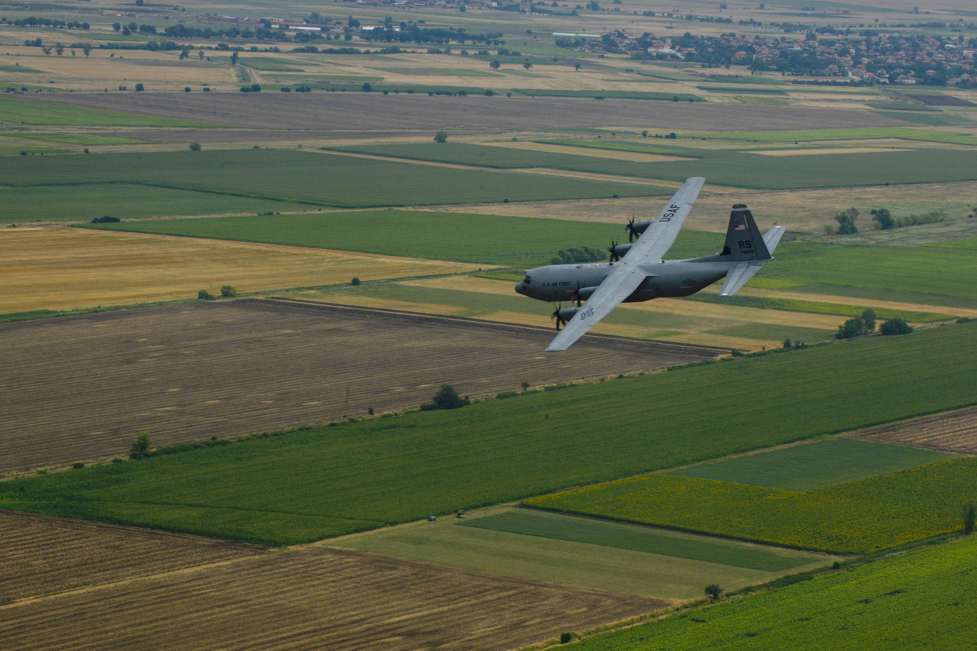 A U.S. Air Force C-130J Super Hercules flies over Plovdiv, Bulgaria during exercise Thracian Summer 2016, July 20, 2016. Through Exercise Thracian Summer, the United States and Bulgaria will enhance their mutual abilities to work together, with other NATO nations and with key regional partners on regional security, and help prepare Bulgaria for potential future operations in support of contingency operations around the world. The U.S. values the shared commitment and close cooperation with Bulgaria and other NATO allies on countering a range of regional and global threats. (U.S. Air Force photo/Senior Airman Nicole Keim) 